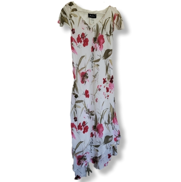 Jolibel Vintage Cream Floral Tiered Ruffle Asymmetrical Flutter Sleeve Y2K Dress - Picture 1 of 9